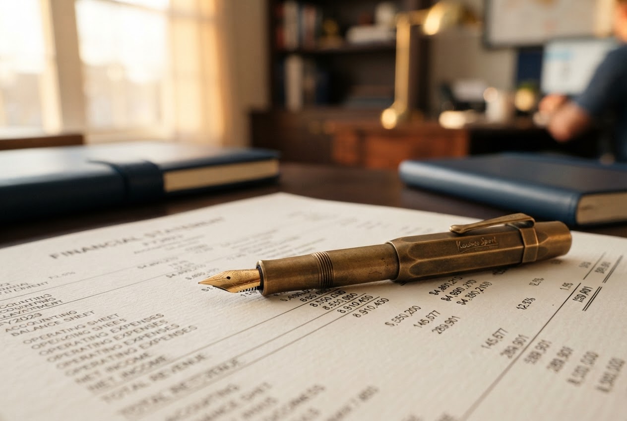 Vulpen op een financieel document in warm licht